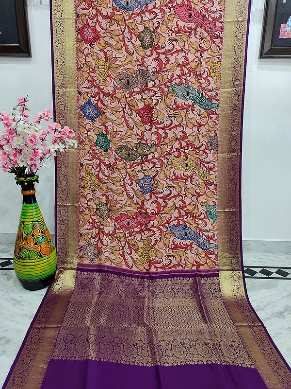 Barely-Pink Peacock Motif Painted Kalmakari Kanjivaram Silk Saree with Ogee-Paisley Pattern on Broad Zari Border