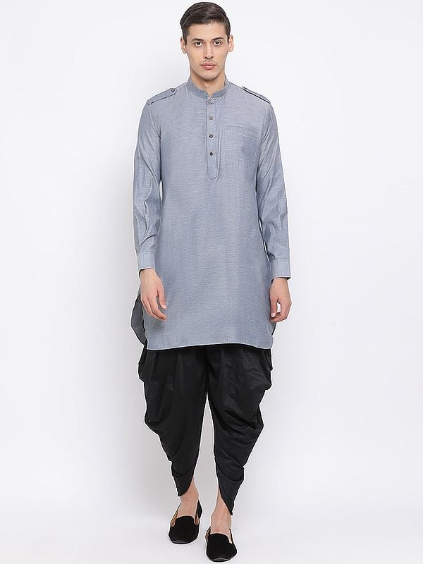 Cotton Blend Front Pockets Pathani Style Cuff Kurta with Dhoti