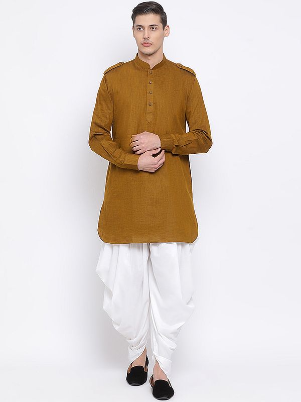 Cotton Blend Mid-Length Pathani Style Cuff Kurta with Afghani Style White Patiala Pant