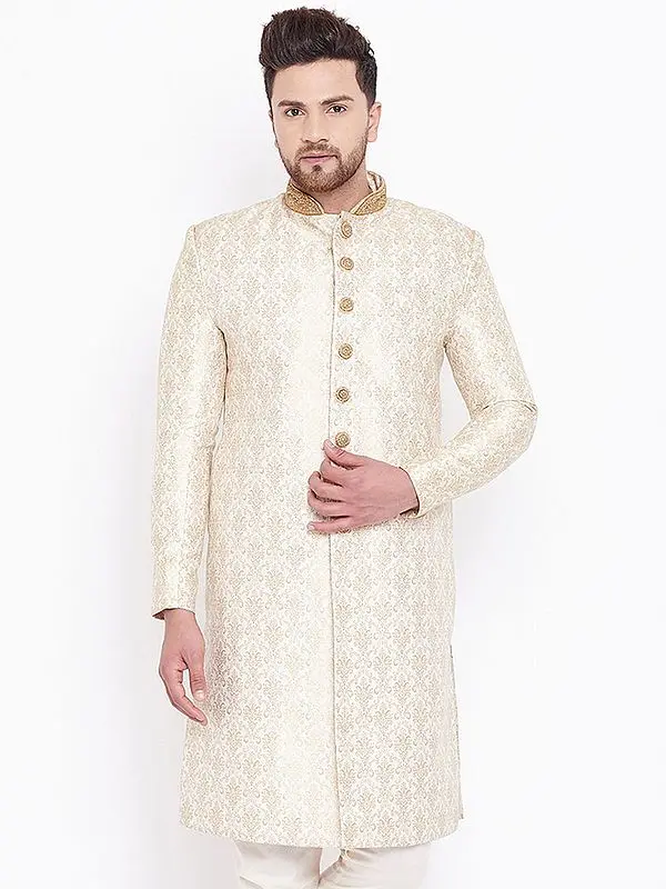 Beige Silk Blend Embroidered Mughal Jaal Pattern Brocade Sherwani