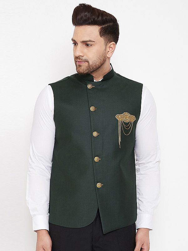 Bottle-Green Cotton Blend Zardosi Embroidered Modi Jacket