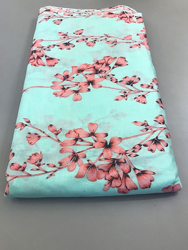 Turquoise All-Over Floral Branch Pattern Cotton Voile Fabric