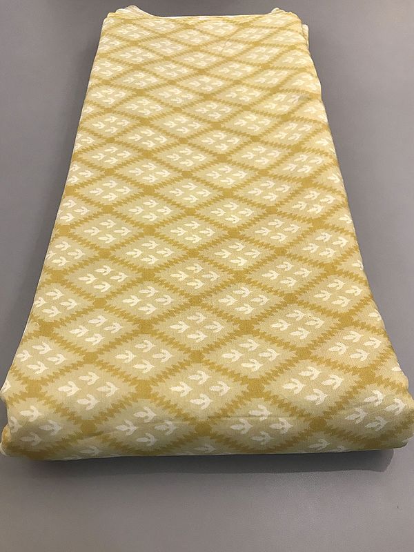 Mustard-Yellow Small Leaf in Chowkadi Pattern Viscose Muslin Silk Fabric (Hand Screen Printed)