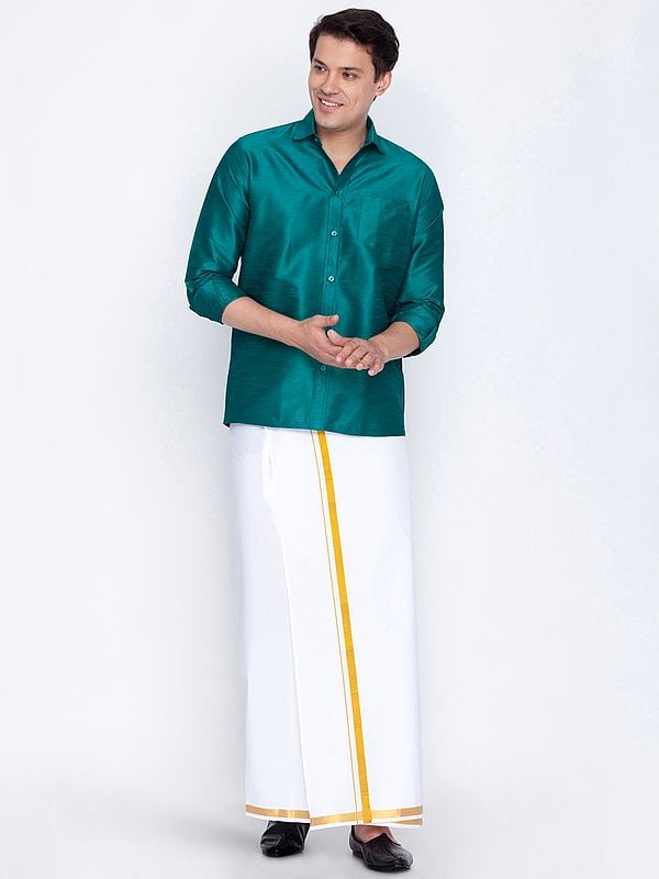 Silk Blend South Indian Style Full Sleeve Shirt with White Cotton Mundu