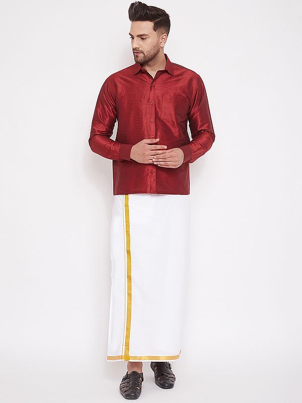 Silk Blend South Indian Style Full Sleeve Shirt with White Cotton Mundu