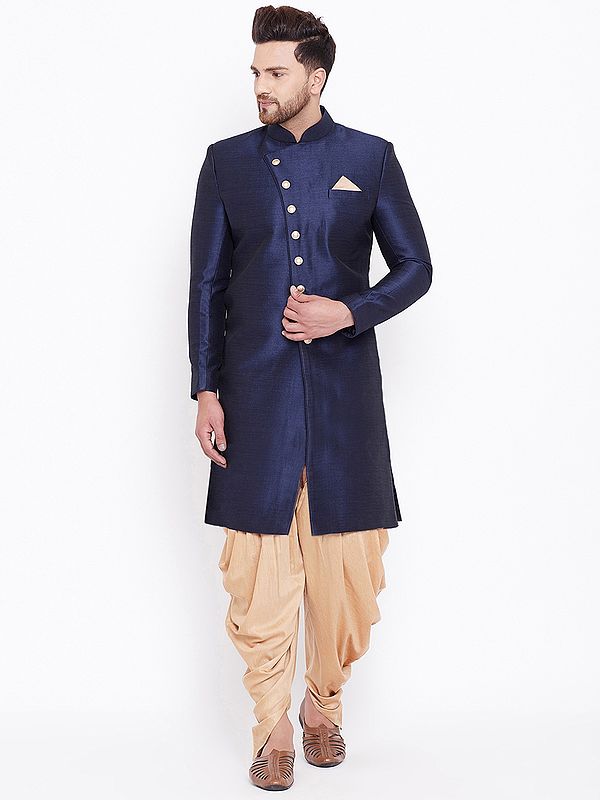 Silk Blend Angrakha Style Sherwani with Cotton Blend Rose Gold Dhoti