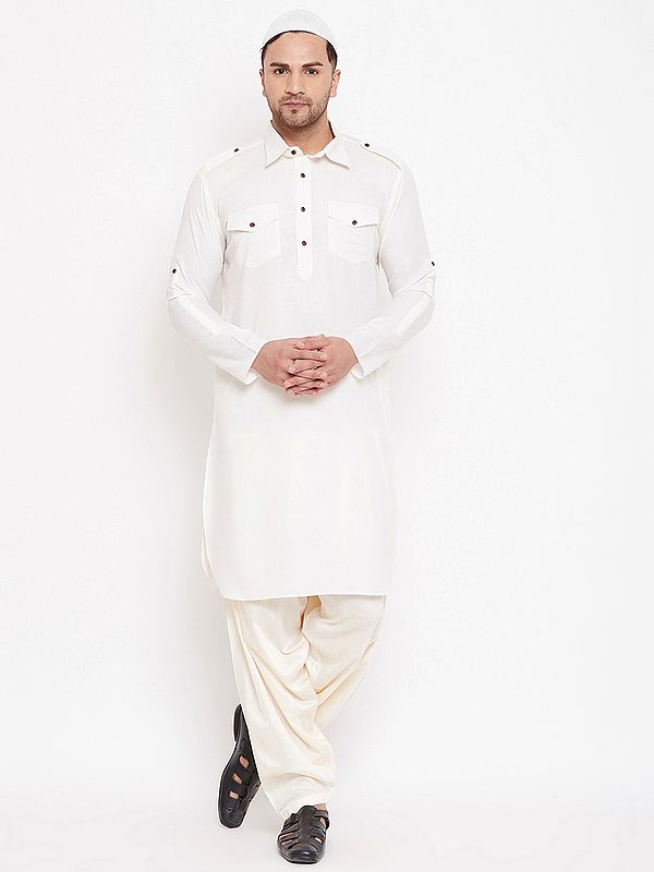 Cotton Blend Pathani Style Cream Kurta with White Patiala Salwar and Prayer Cap