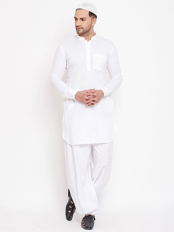 Cotton Linen Traditional Pathani Kurta Pajama with Prayer Cap