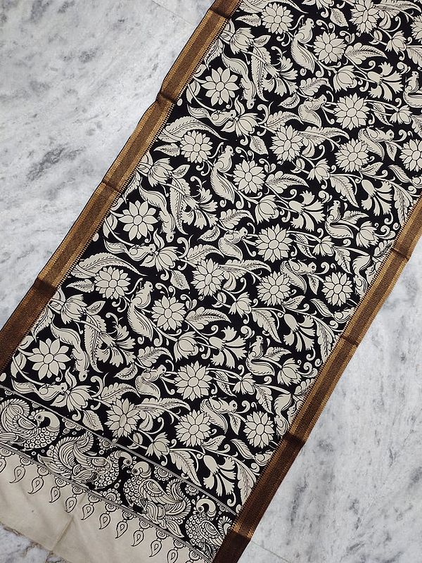 Bangalore Silk Pen Kalamkari Art Black-White Dupatta with Squirrel and Floral Vine Painted