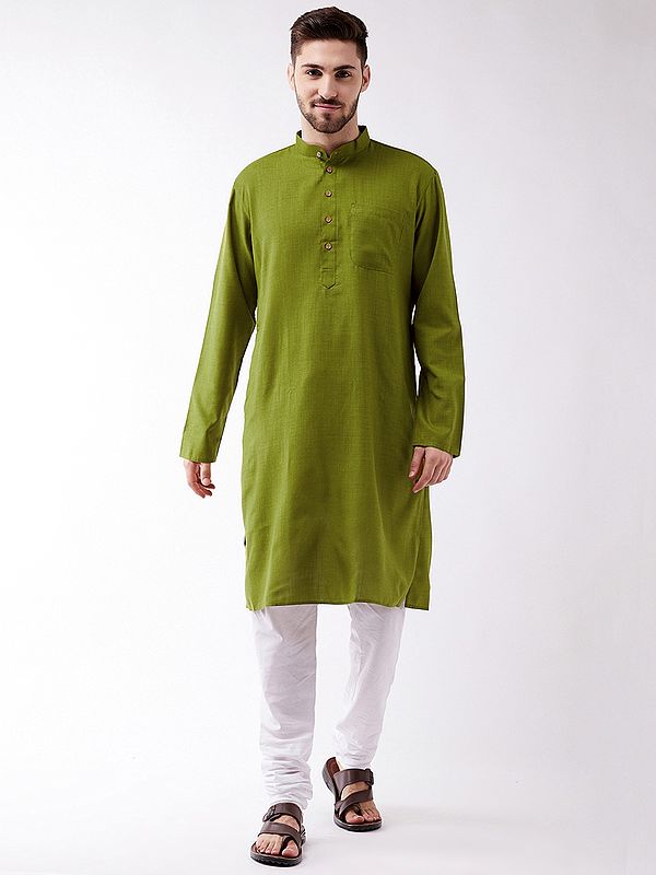 Mehendi-Green Cotton Blend Straight Kurta with White Pure Cotton Pajama