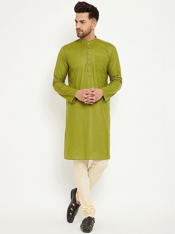 Mehendi-Green Cotton Blend Kurta with Cream Churidar Pajama