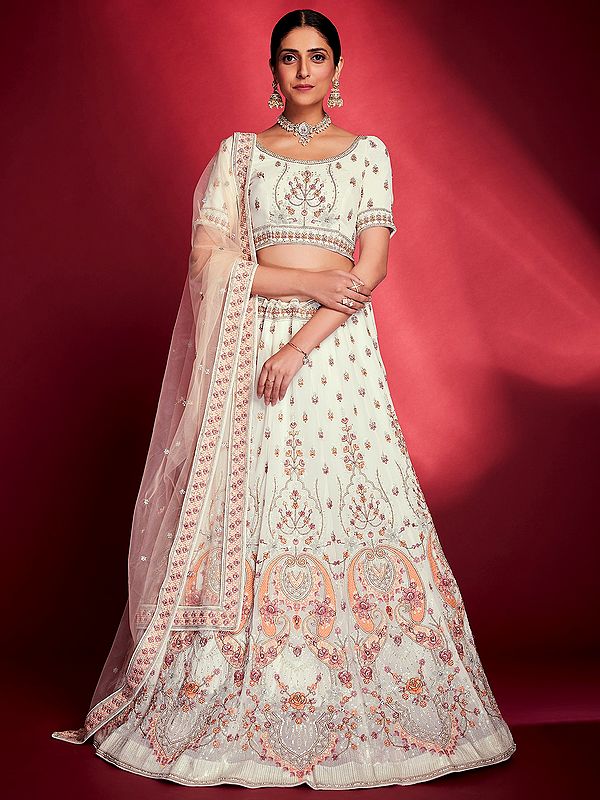 White Georgette Necklace-Paisley Pattern Lehenga Choli with Thread, Sequins, Zari, Zarkan Embroidery with Soft Net Dupatta