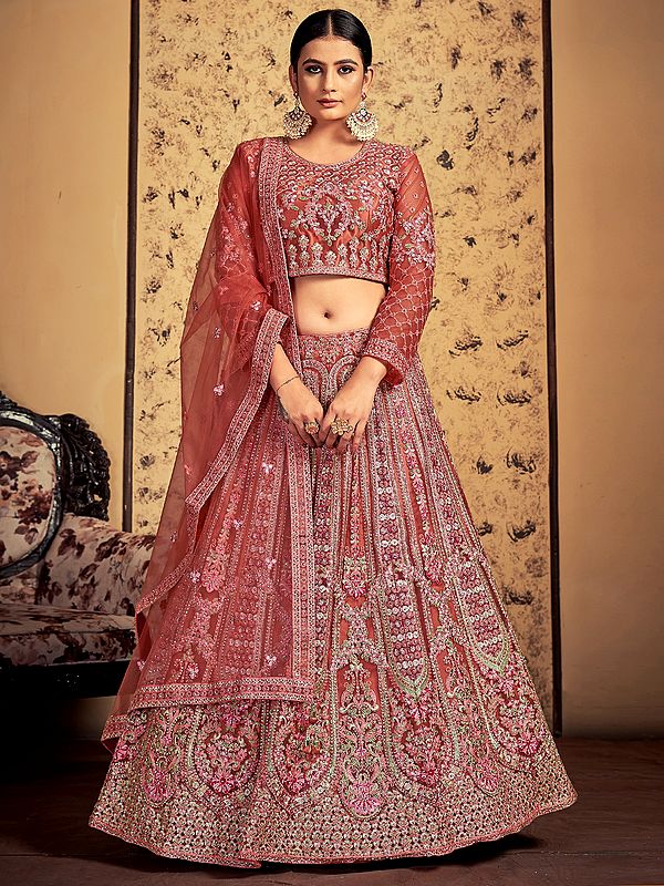 Pink-Taupe Soft Net Embellished Lehenga Choli With Stone-Dori Work And Tassel Dupatta