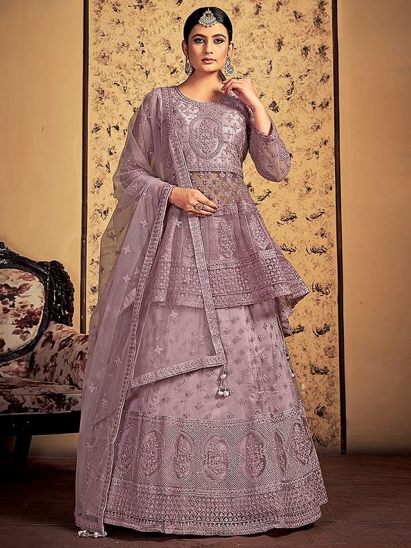 Mauve Soft Net Peplum Style Long Choli with Mughal Motif Stone-Dori Embroidery Lehenga and Dupatta