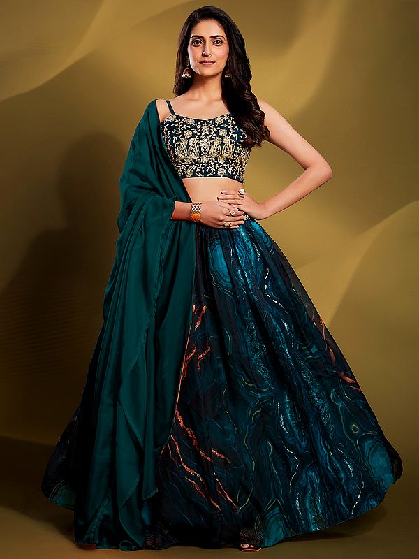 Teal Organza Lehenga With Sequins, Dori, Zari Work Art Silk Choli And Crepe Dupatta