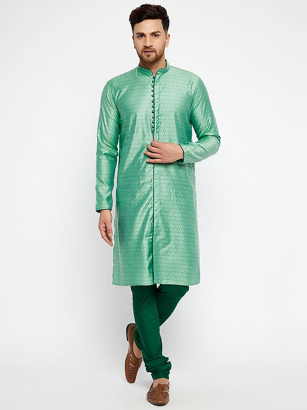 Silk Blend Ogee Pattern Banarasi Jacquard Kurta With Churidar Pajama