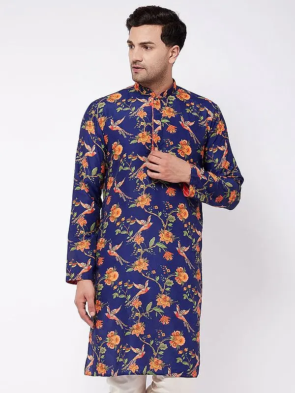 Blue Muslin Blend Bird-Floral Printed Kurta