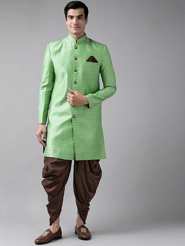 Silk Blend Indowestern Ogee Pattern Sherwani With Cowl Dhoti Set