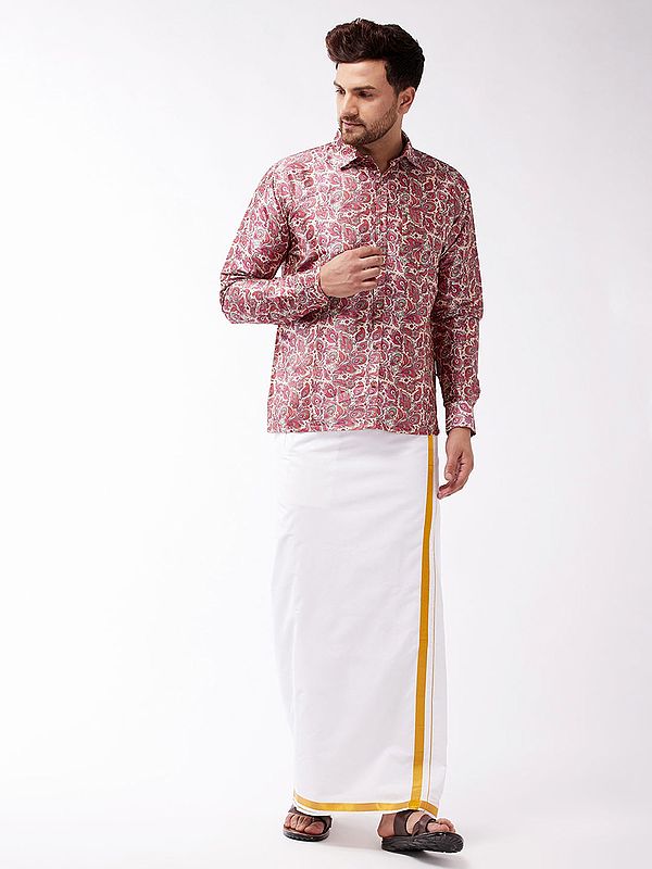 Silk Blend Multicolor Digital Printed Paisley Motif Ethnic Shirt With White Pajama