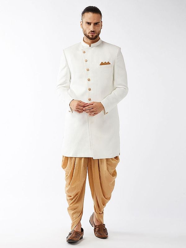 White Polyester Lurex Blend Plain Weave Angrakha Sherwani With Cotton Blend Patial Style Rose-Gold Dhoti