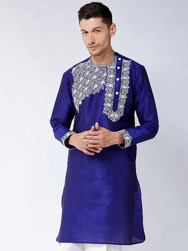Silk Blend Bengali Traditional Angrakha Pattern Embroidered Kurta