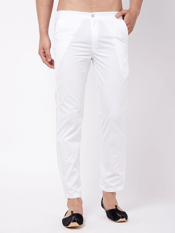 White Cotton Pant Style Pajama with Elastic-Waist and Pockets