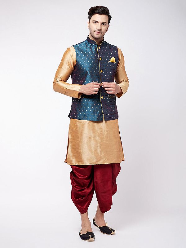 Silk Blend Solid Dhoti Kurta With Banarasi Bundi Motif Modi Jacket