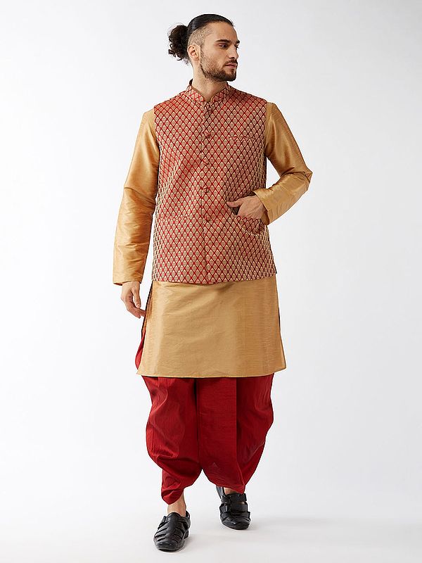 Silk Blend Maroon Dhoti Kurta With Banarasi Mughal Butti Diamond Pattern Modi Jacket