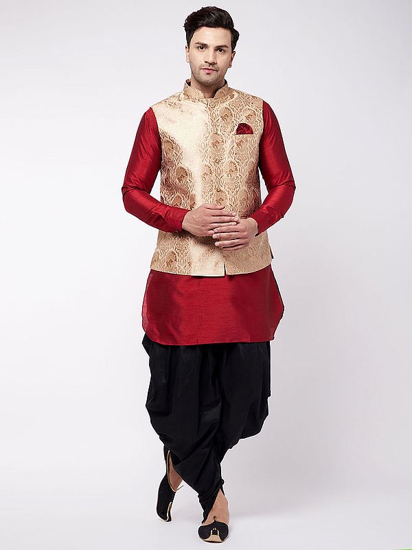Silk Blend Mid-Length Kurta With Cotton Blend Dhoti And Cotton Satin Blend Banarasi Brocade Modi Jacket