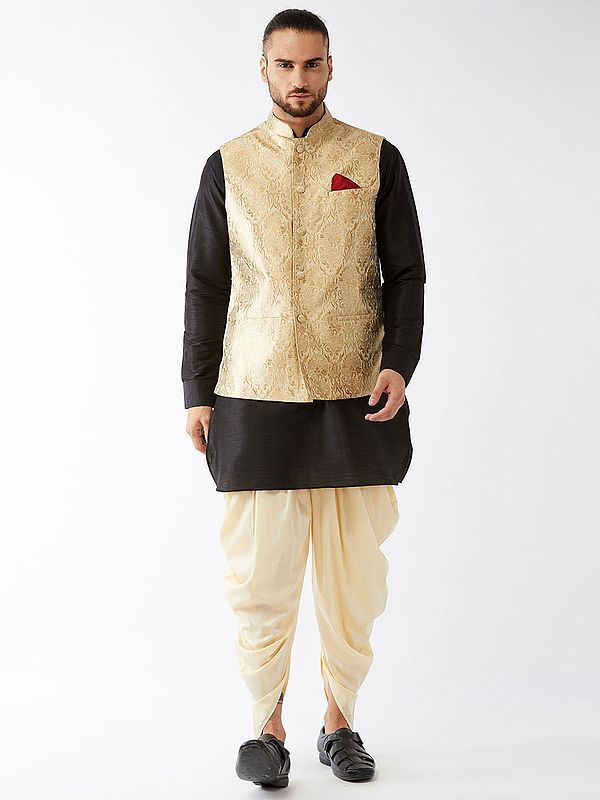 Silk Blend Mid-Length Kurta With Cotton Blend Patiala Dhoti And Cotton Satin Blend Floral Motif Modi Jacket