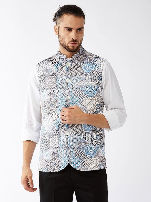 Grey Satin Twill Digital Print Modi Jacket