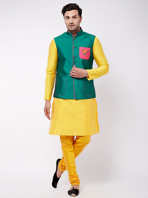 Green Silk Blended Kurta Pajama And Modi Jacket With A Bird Embroidered On The Pocket