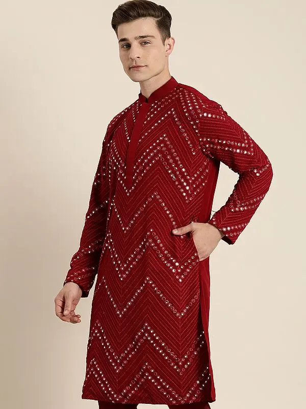 Maroon Georgette Chevron Pattern Mirror Work Kurta