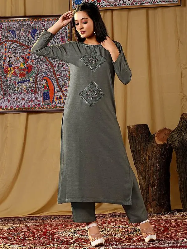 Pure Cotton Straight Kurti Set with Diamond Pattern Hand Embroidered