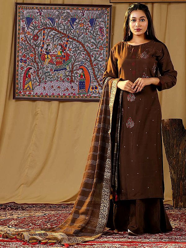 Brown Color Muslin Sharara Suit with Phool Embroidered and Dupatta