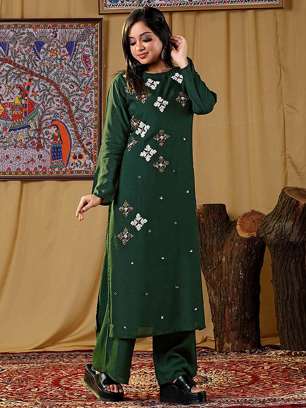 Green Color Muslin Diamond Pattern Hand Embroidered Palazzo Salwar Suit