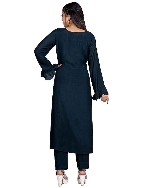 Navy-Blue Muslin Embroidered Kurti Set for Women | Exotic