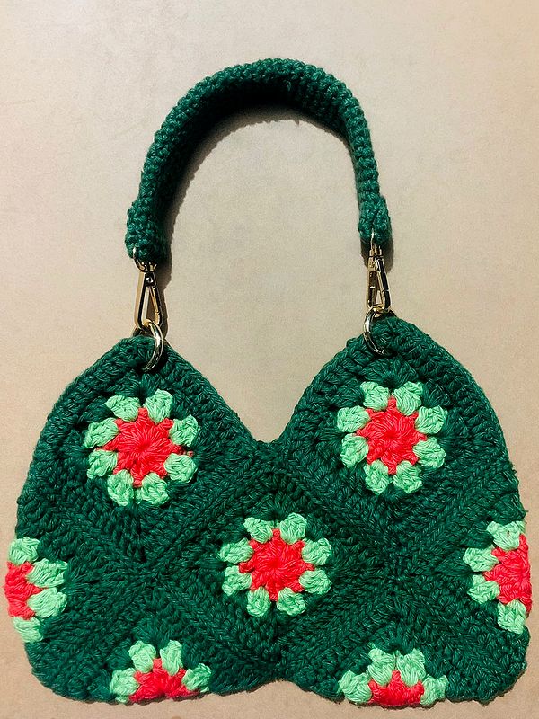 Green Cotton Macrame Thread Small Handbag With Floral Pattern