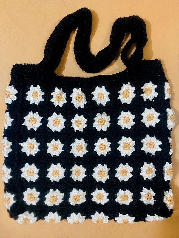 Black & White Floral Butta Cotton Macrame Thread Handbag
