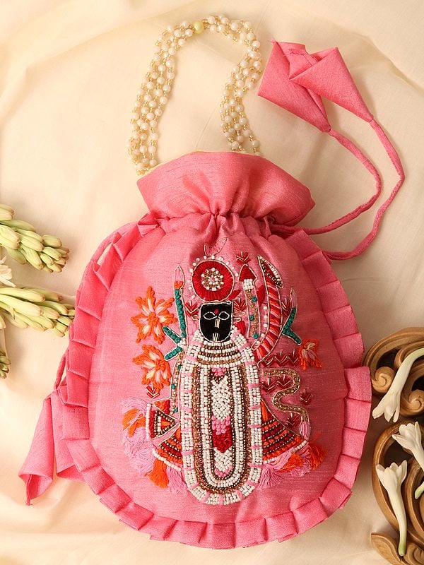 Art Silk Shreenathji Potli Bag with Hand Embroidery and Ruffle Border