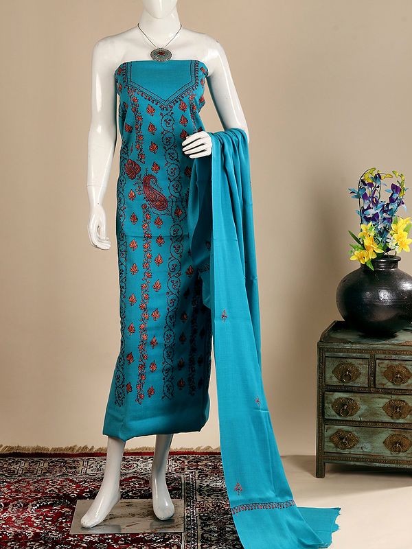 Azure-Blue Pure Wool Aari Embroidered Maple Leaf Vine with Paisley Motif Salwar Kameez Fabric