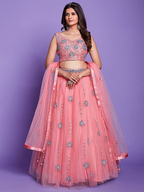 Pink Soft Silk Floral Butta Motif Lehenga Choli with Thread, Mirror, Glitter Embroidery and Dupatta