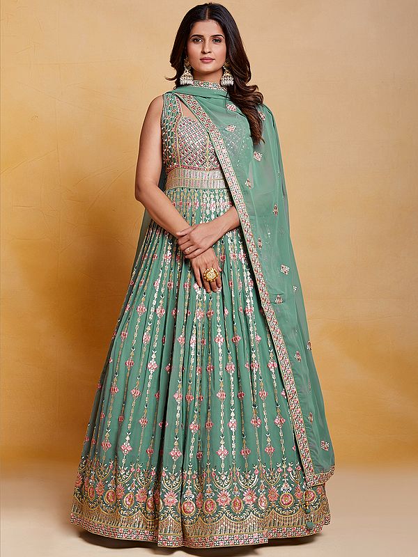 Sea-Green Laddi Pattern Georgette Anarkali Style Gown with Sequins, Thread, Mirror Embroidery, And Latkan Dupatta