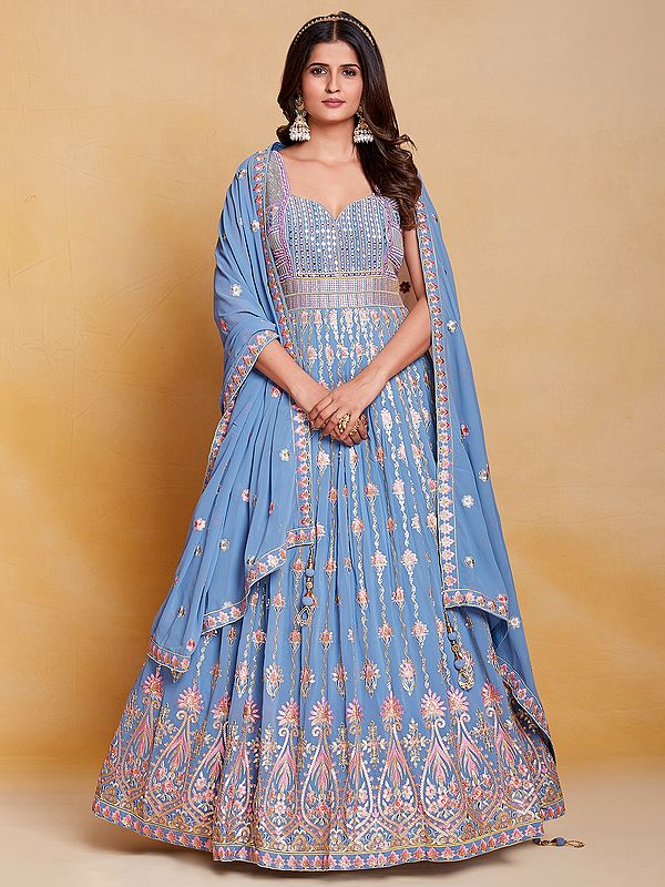 Powder-Blue Georgette Vine Pattern Anarkali Style Gown With Sequins, Thread, Mirror Embroidery And Matching Latkan Dupatta