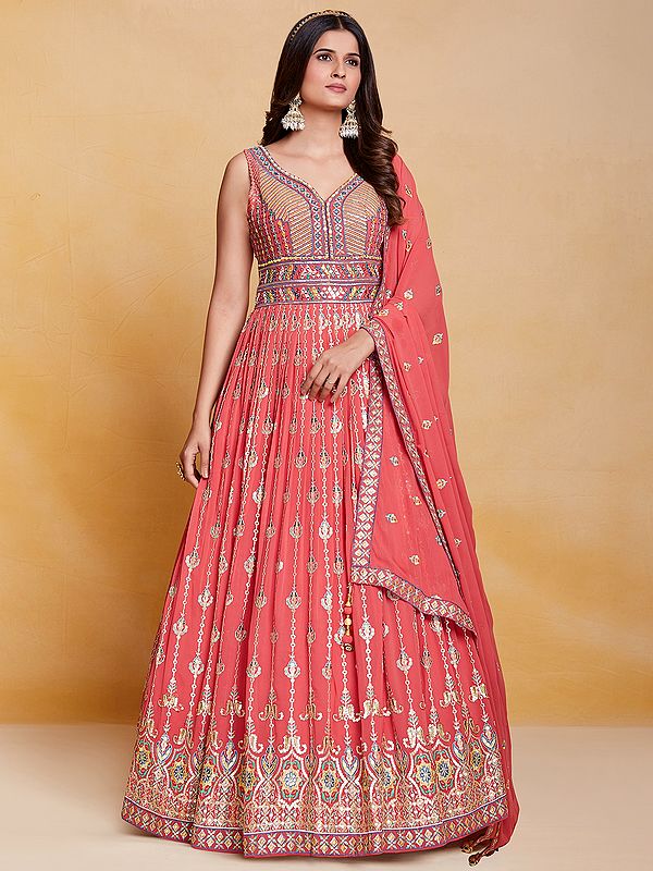 Coral Georgette Vine Pattern Anarkali Style Gown with All-Over Sequins, Thread, Mirror Embroidery, And Latkan Dupatta