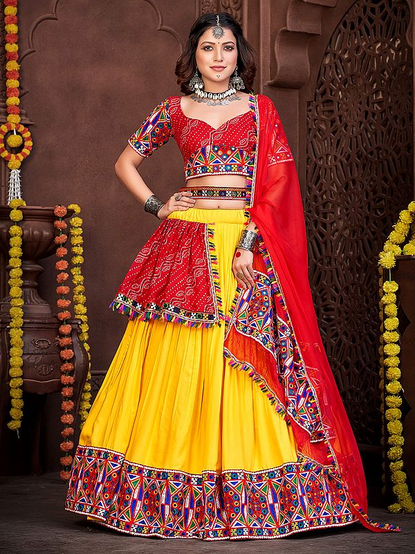 Red-Yellow Color Gomti Work Embroidered Georgette Navratri Lehenga With Banglory Silk Bandhani Choli With Dupatta