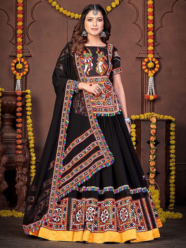 Black Rayon Embroidered Dandiya Motif Navratri Banjara Style Lehenga Choli With Chiffon Dupatta