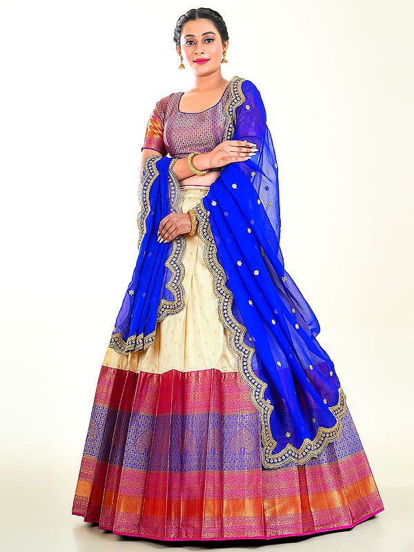 Art Silk Banarasi Jacquard Woven Half Saree Style Lehenga Choli With Scalloped Dupatta