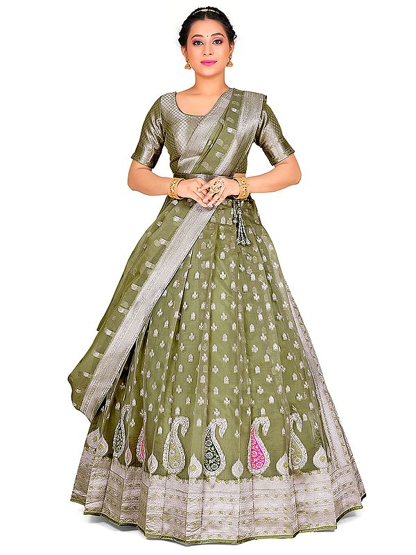 Gray Art Silk Half Saree Style Banarasi Lehenga Choli with Dupatta and All-Over Zari Work