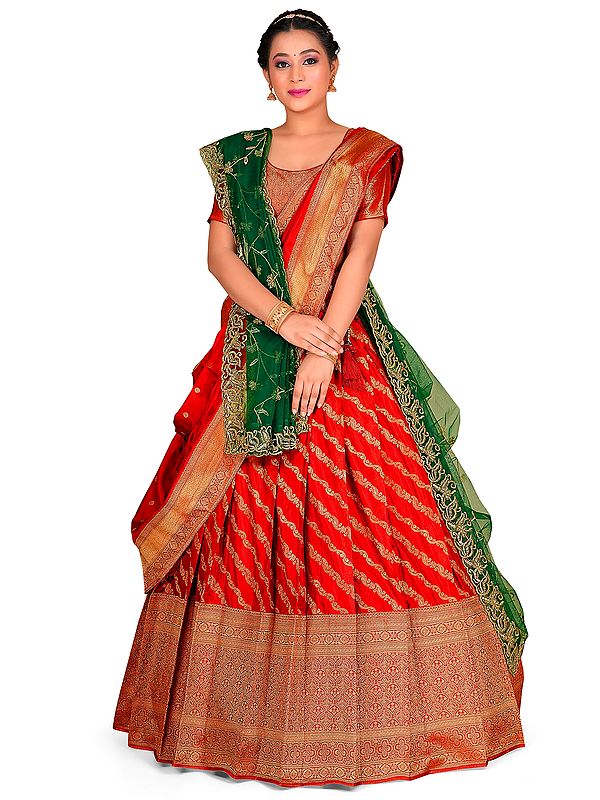Green Diagonal Pattern Banarasi Art Silk Half Saree Style Lehenga Choli with Dupatta and Jacquard Work